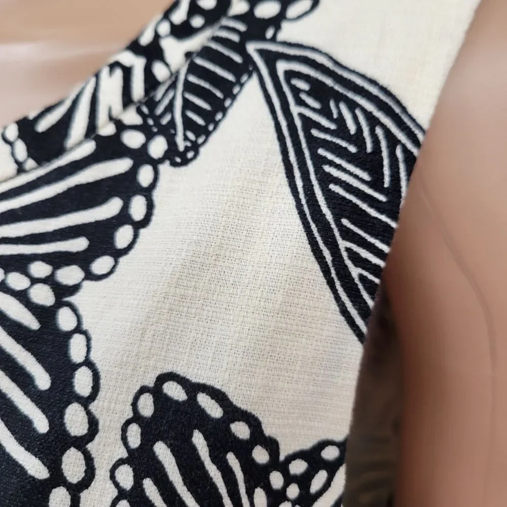 J Crew Women Sleeveless Polynesian Floral Print Dress Ivory Black A-Line Cotton